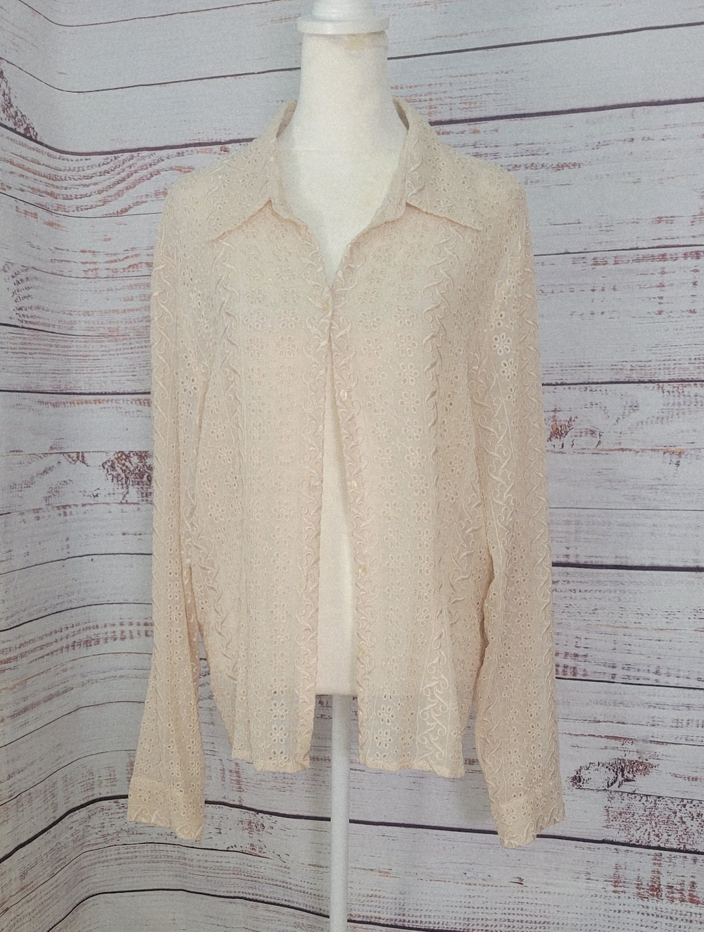 Vintage 1990s Beige Eyelet SILK Sheer Mesh Button Up Top Women's Extra Large